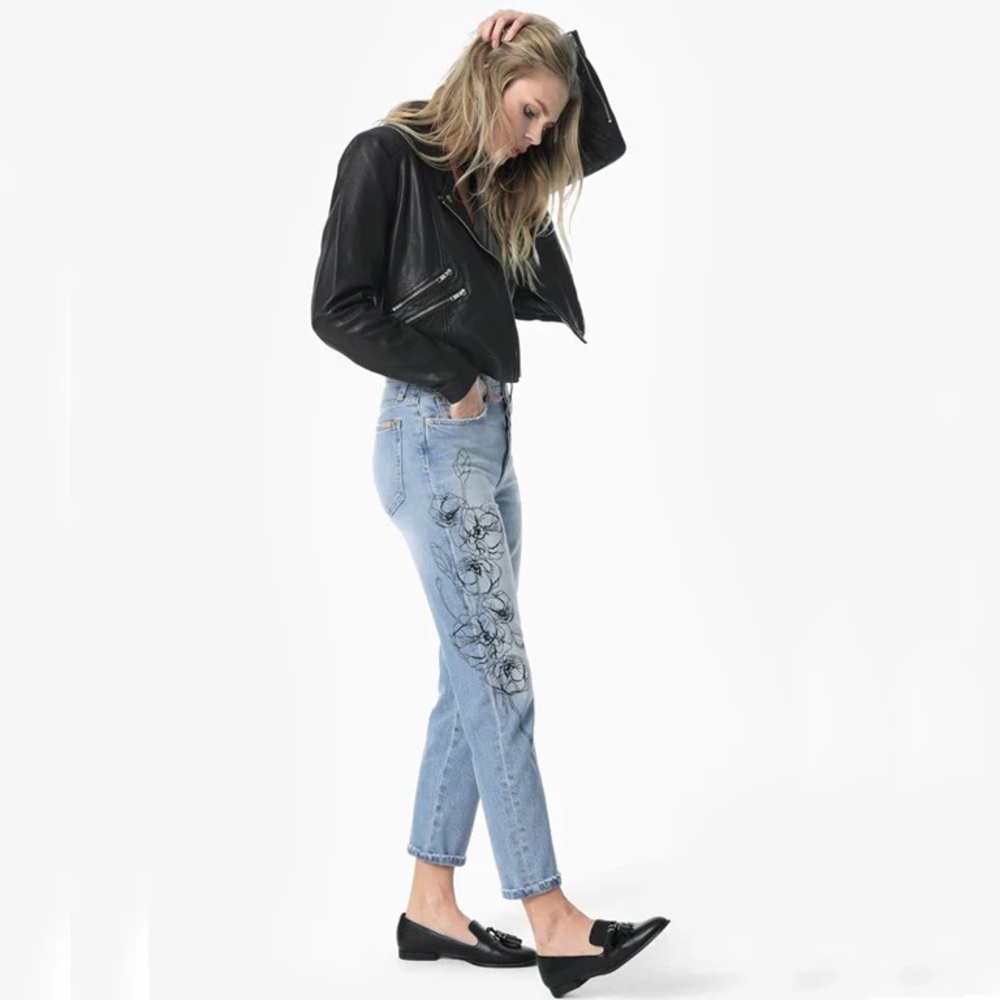 Joe's Jeans Light Wash Black Floral Embroidery Detail Straight Leg Denim